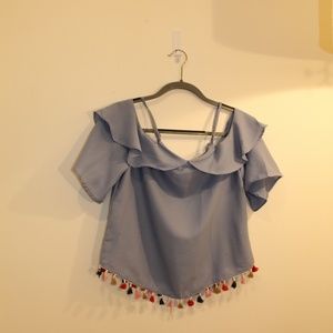 Off the Shoulder Blue Top with Fun Colored Tassels